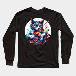 Devon Rex Cat Playing Violin Long Sleeve T-Shirt